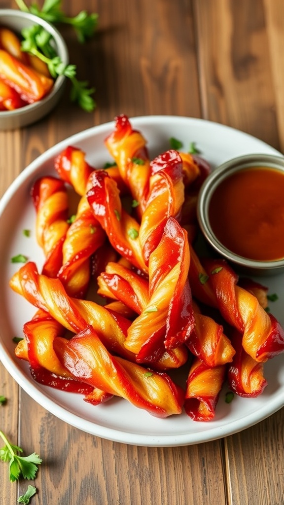 Crispy Air Fryer Bacon Twists Crispy air fryer bacon twists on a plate, garnished with herbs, served with dipping sauce.